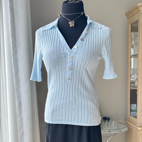 White House Black Market Tops - Light Blue Ribbed Button-Up Women's Top